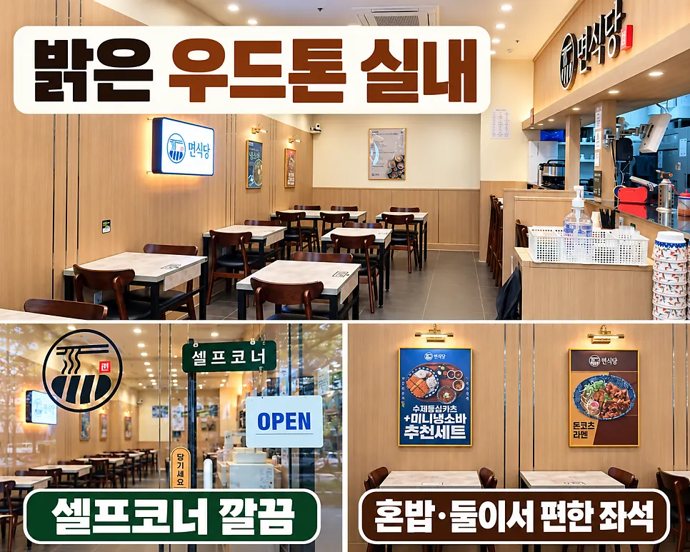 오픈 조리 공간과 음식 내어주는 곳, 수저통이 놓인 테이블