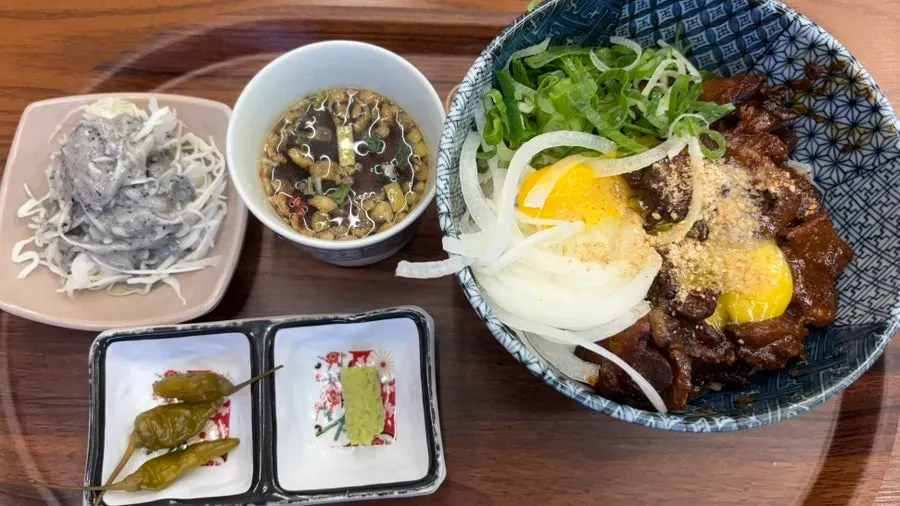 Close-up of the spicy rib rice bowl
