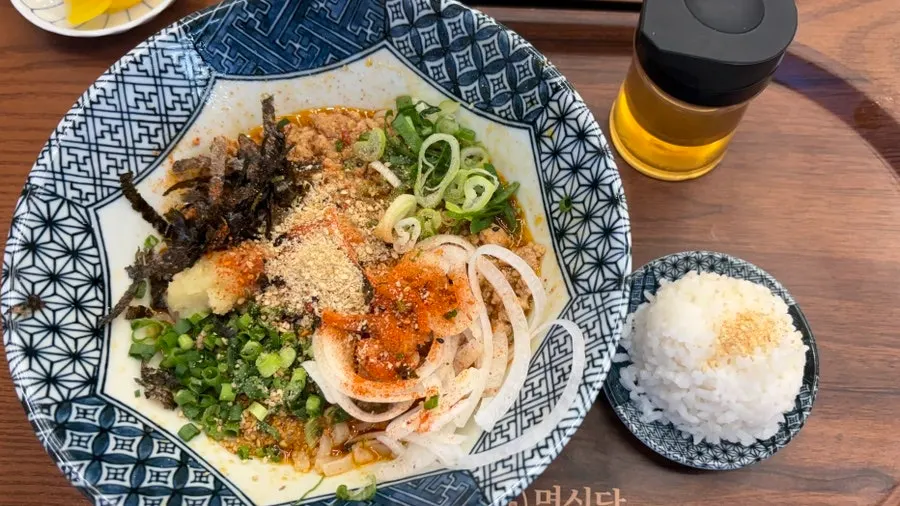 Mazesoba piled high with toppings