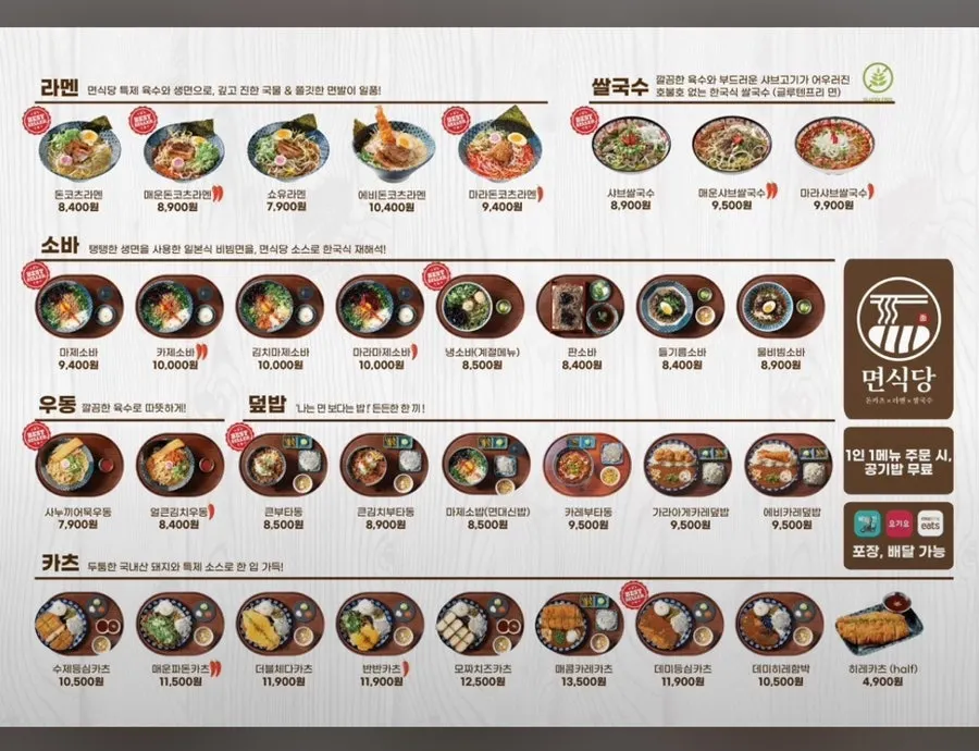 Menu board at Myeon Sikdang Hongik University Branch