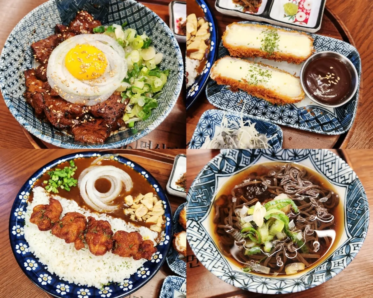 A full spread of the Japanese home-style set at Myeon Sikdang Hongik University branch