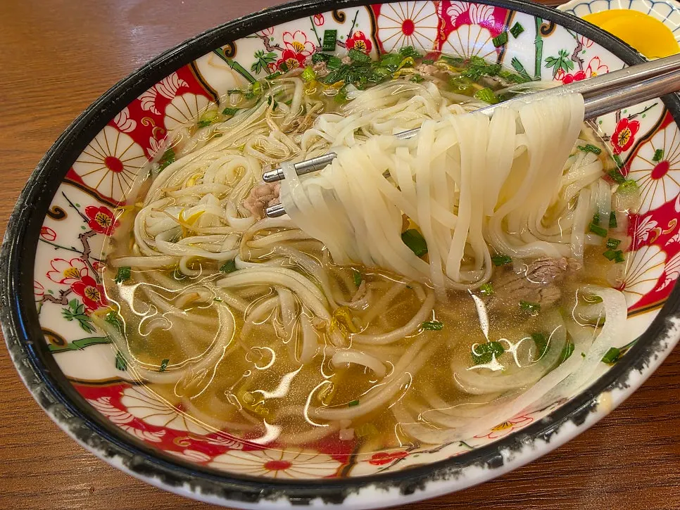 Noodles and bean sprouts lifted out of the shabu pho