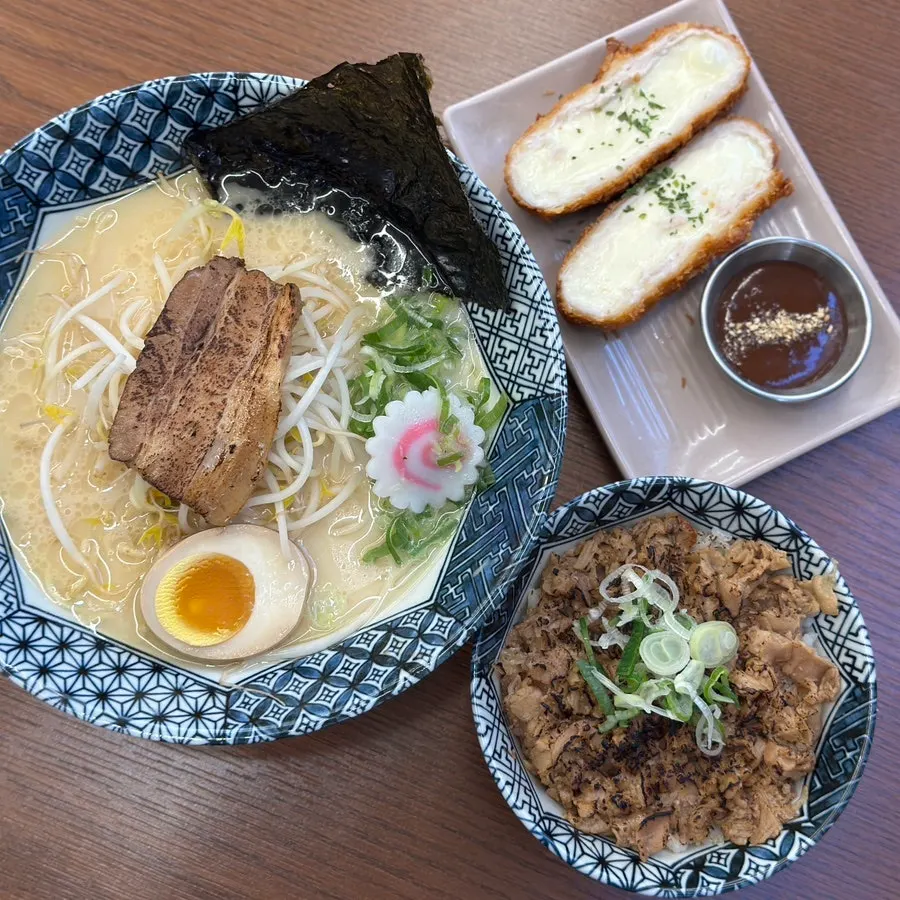 Table spread with tonkotsu ramen set and mozzarella cheese katsu