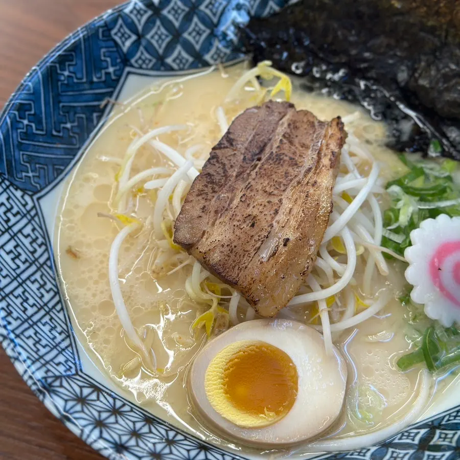 Close-up of tonkotsu ramen with soft-boiled egg