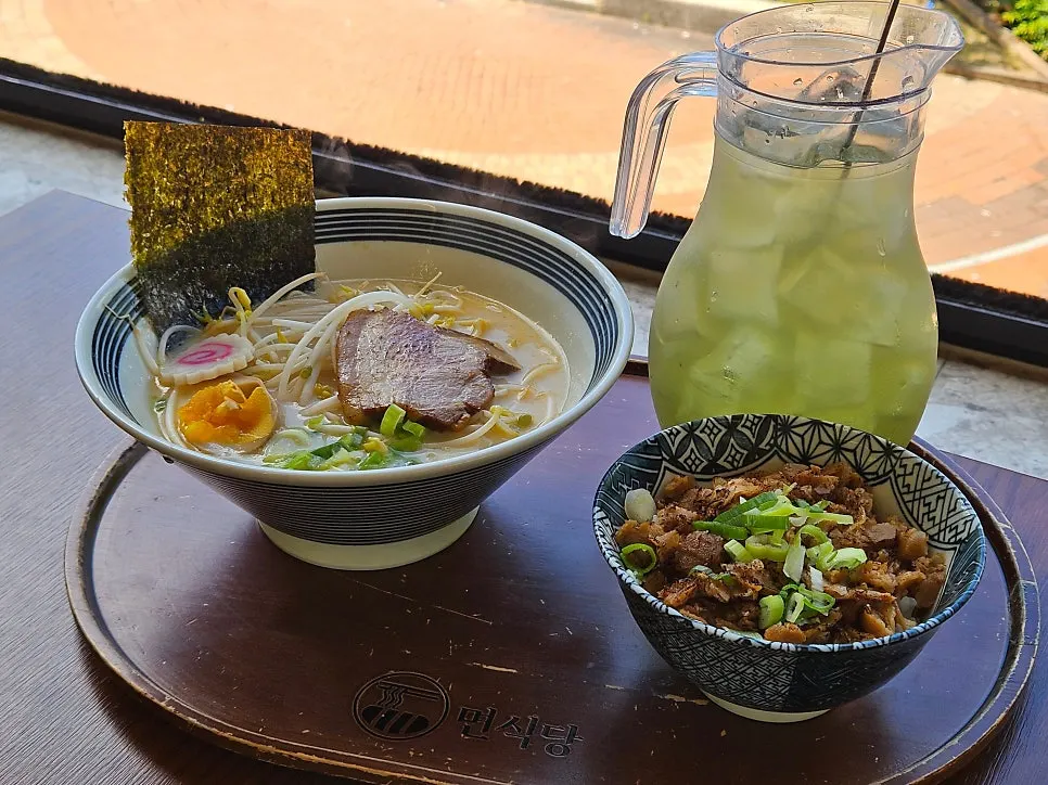 Set menu laid out on the table at Myeonsikdang Keimyung University Branch