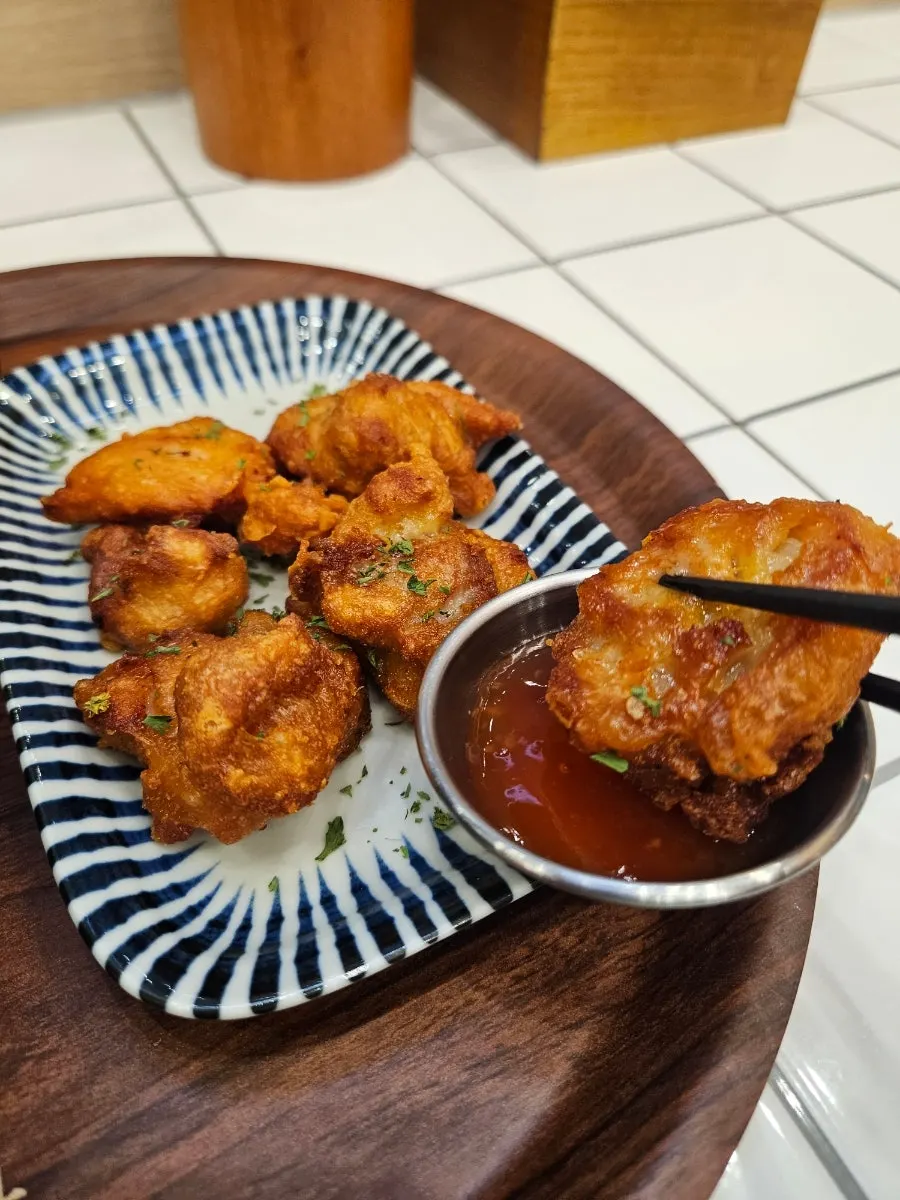 Cross-section of crispy-outside, juicy-inside karaage