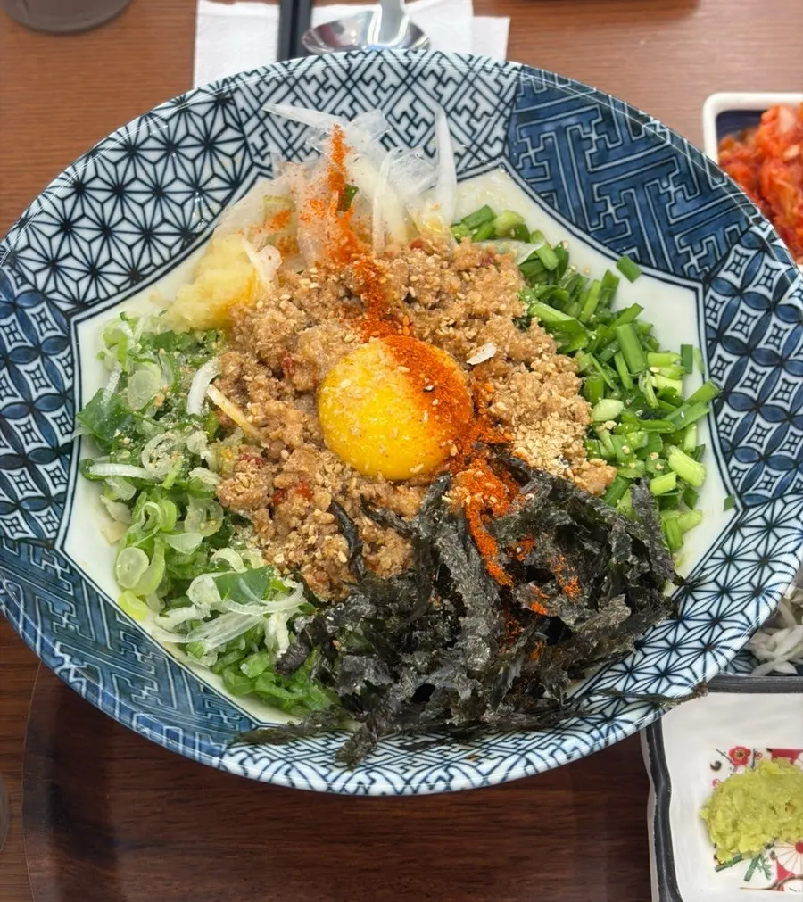 A bowl of mazesoba before mixing
