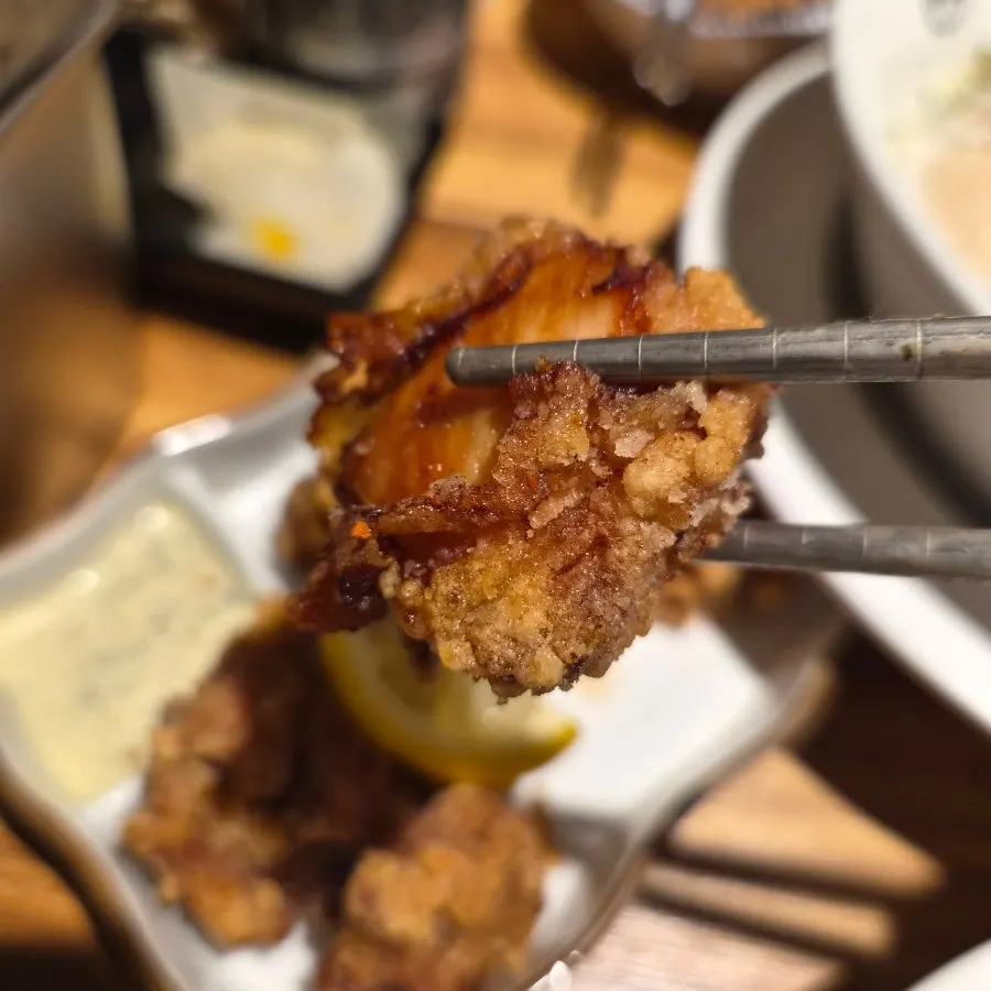 Cross-section of crispy-outside, tender-inside karaage
