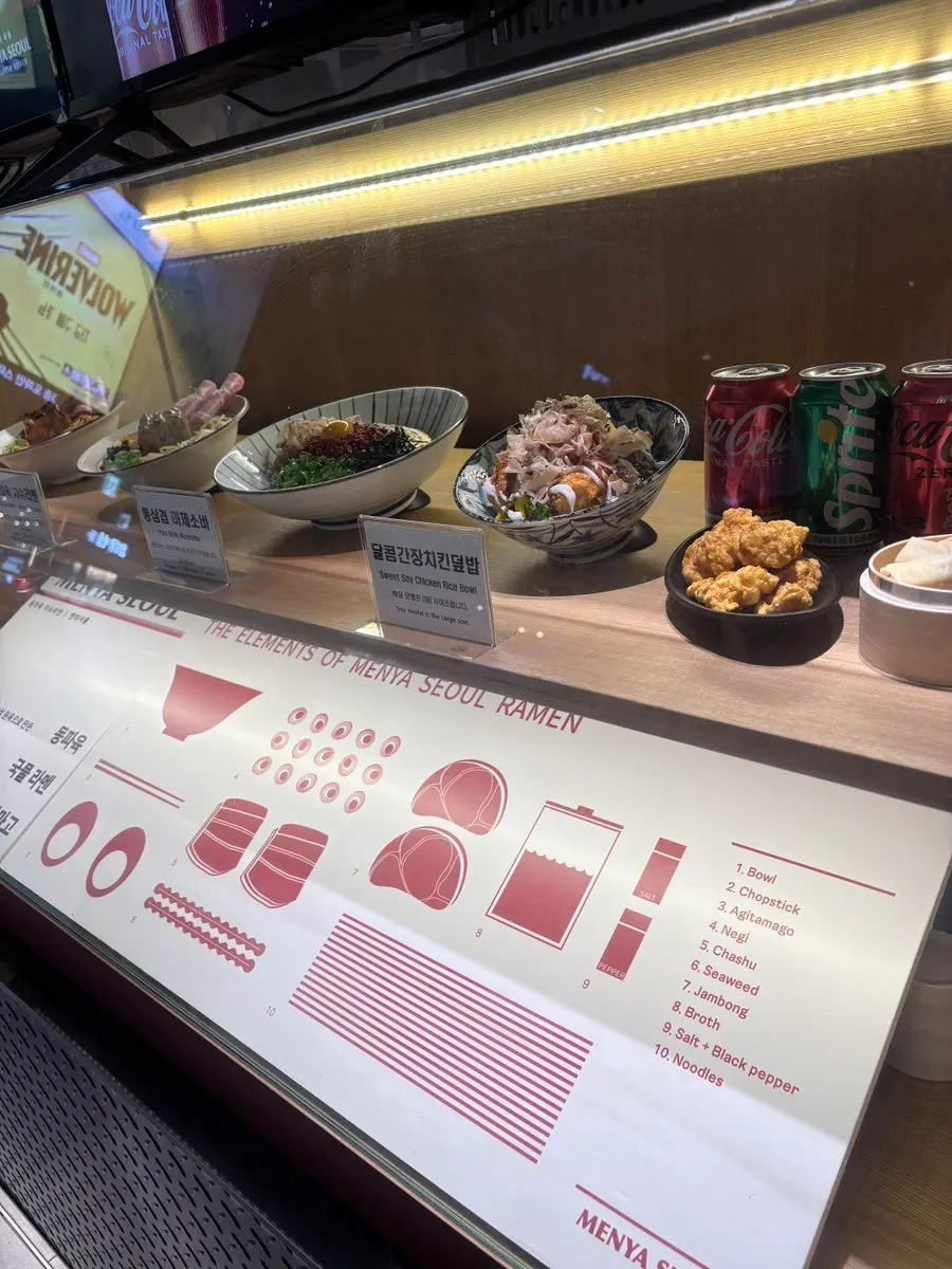 Menya Seoul's ramen and noodle dish menu board