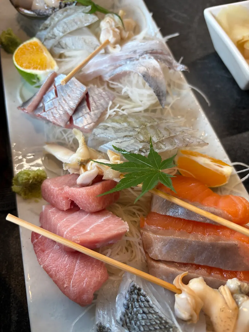 Close-up of flounder and rockfish sashimi