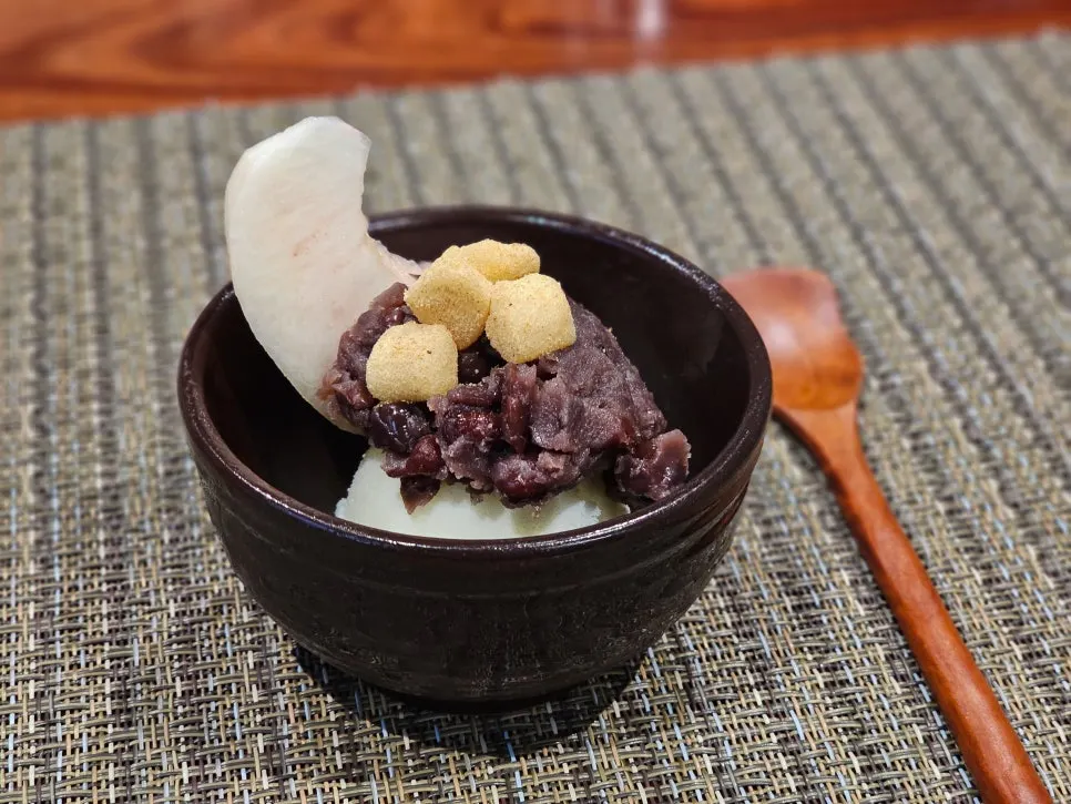 Homemade patbingsu served at the end of the course