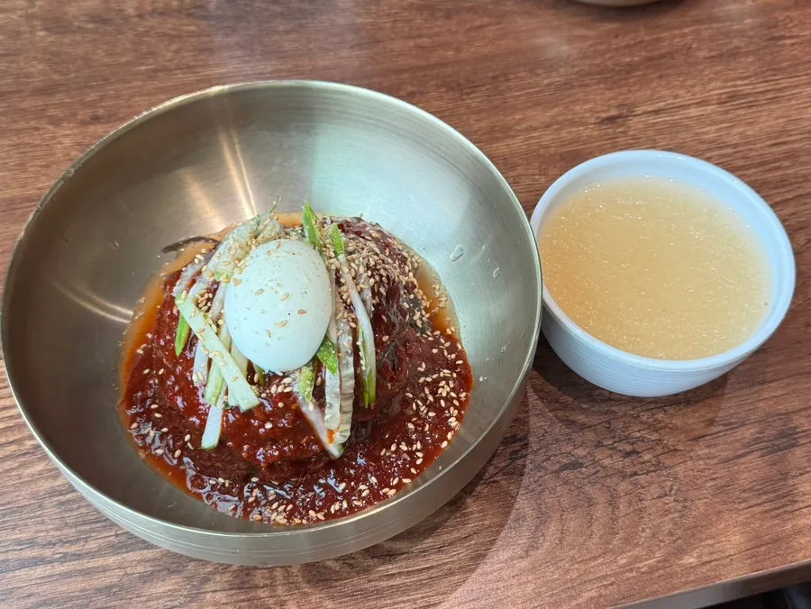 Bibim naengmyeon topped with red seasoning