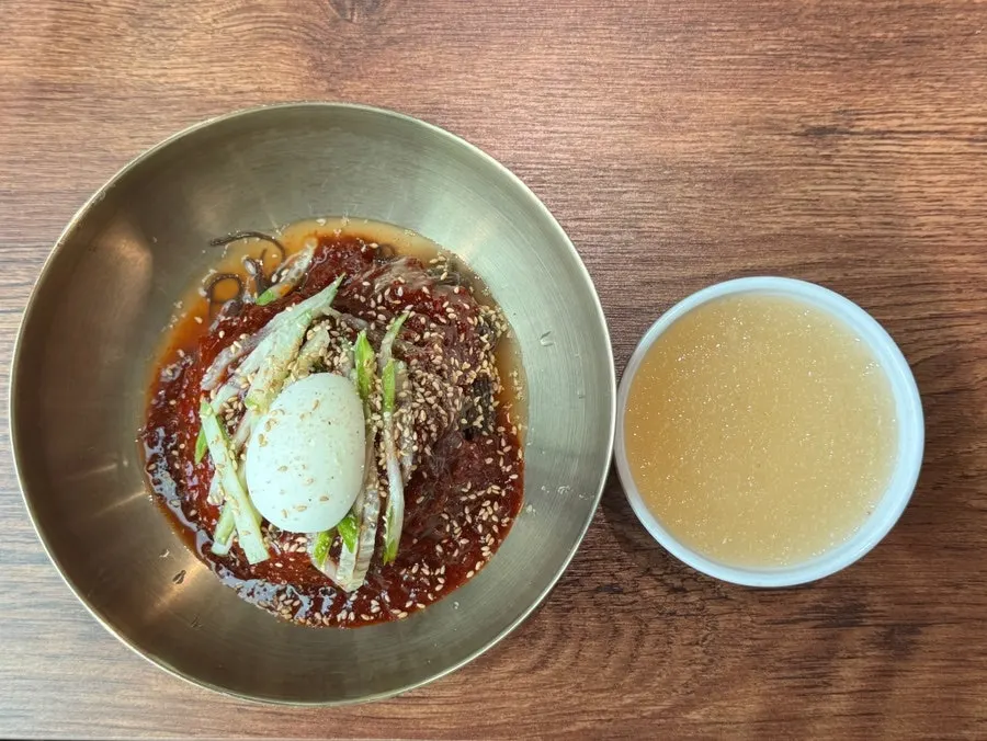 Close-up of bibim naengmyeon sauce and toppings