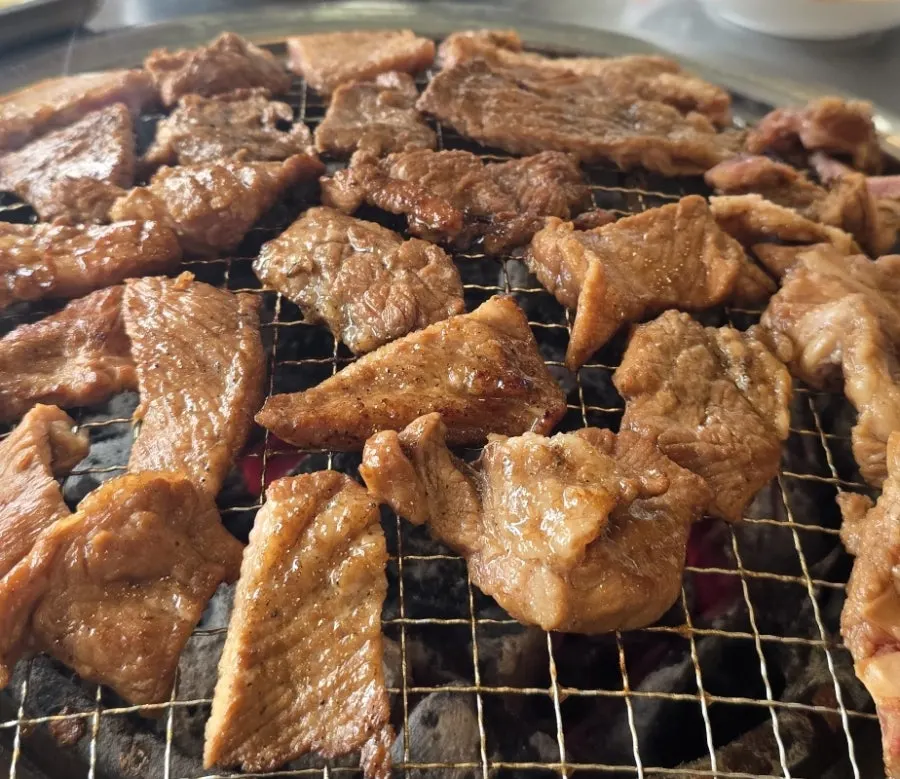 Costillas de cerdo a la brasa y vistas al parque del lago en Naju