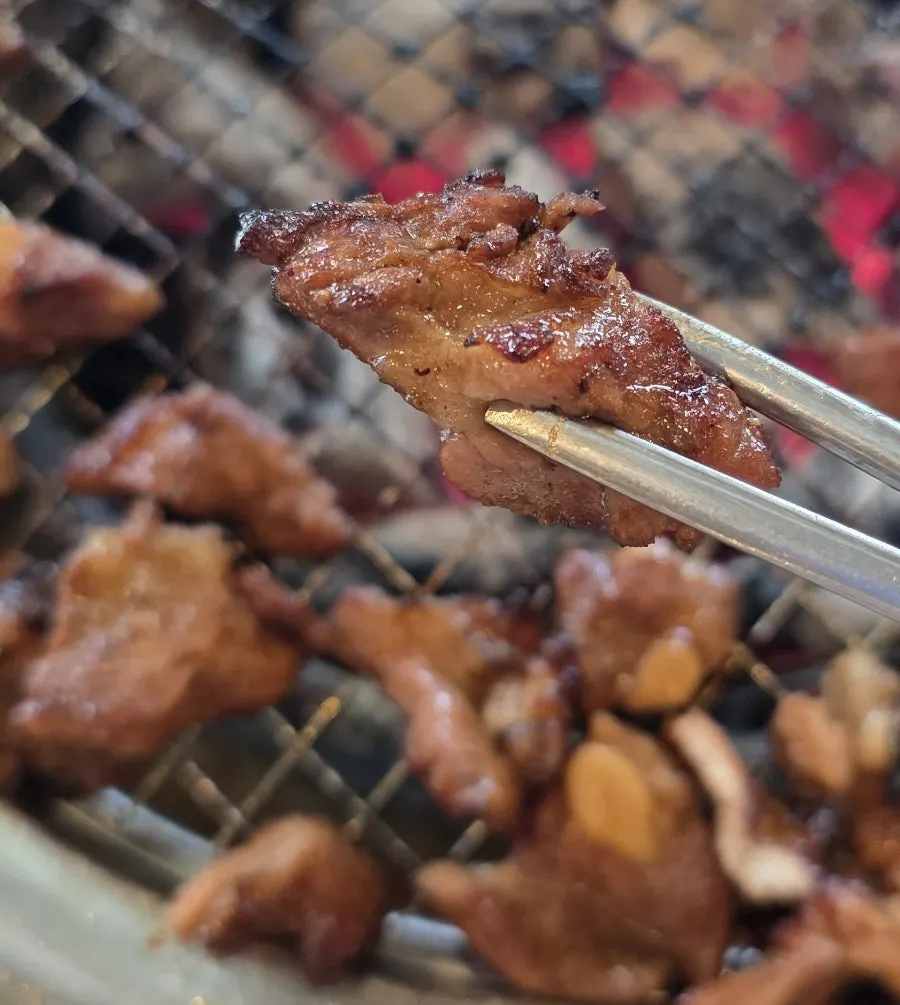 Costillas de cerdo a la brasa y vistas al parque del lago en Naju