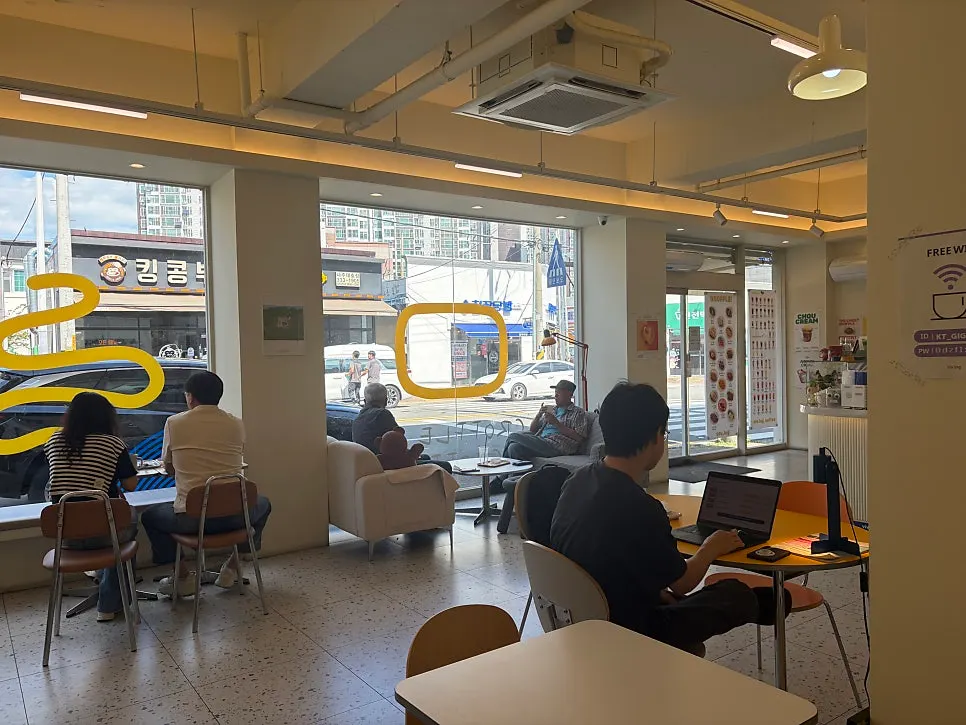 Café seats lined along the window