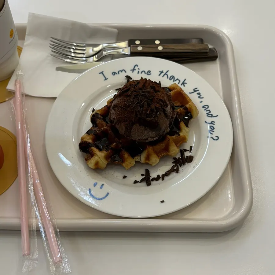 Crispy croffle topped with chocolate ice cream