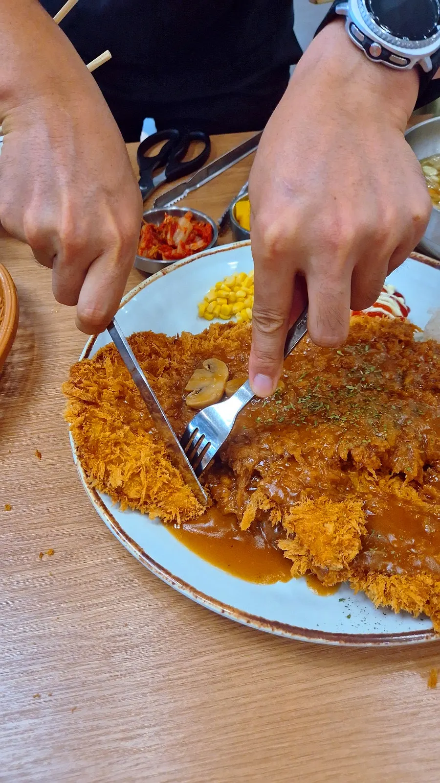 Close-up of the giant pork cutlet drizzled with sauce