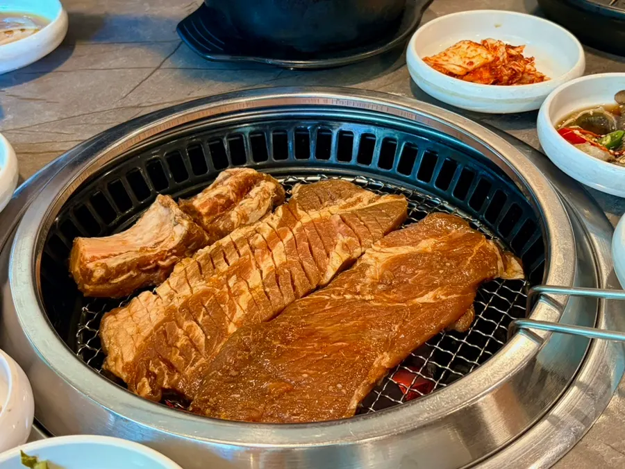 Table with a charcoal grill set up