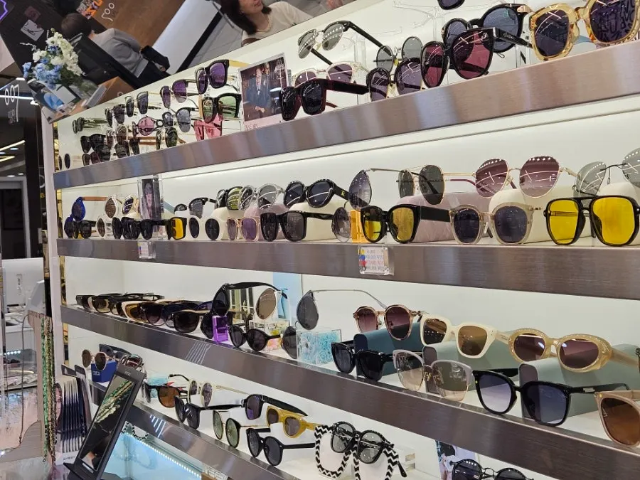 Sunglasses displayed along the wall