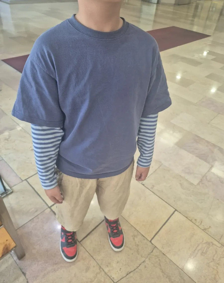 Layered t-shirt with a striped long-sleeve under a short-sleeve