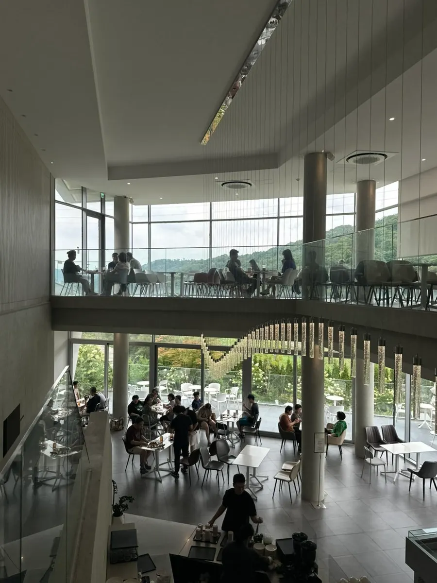 Indoor terrace seating at Sum with forest views