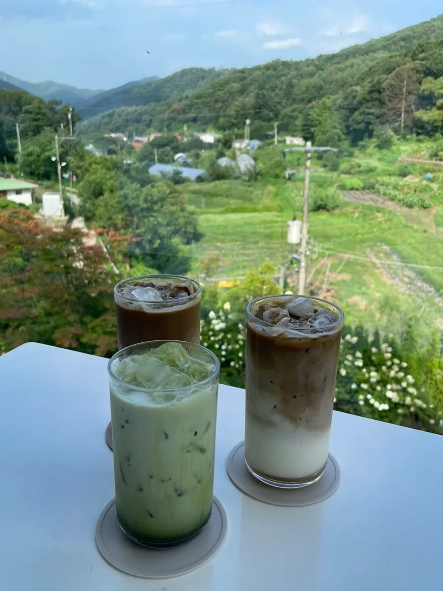 통창 자리에 놓인 카페 숨 음료