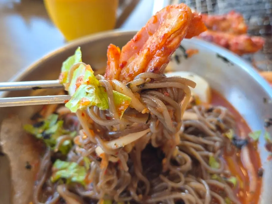 Buckwheat noodles lifted up from the mak guksu bowl