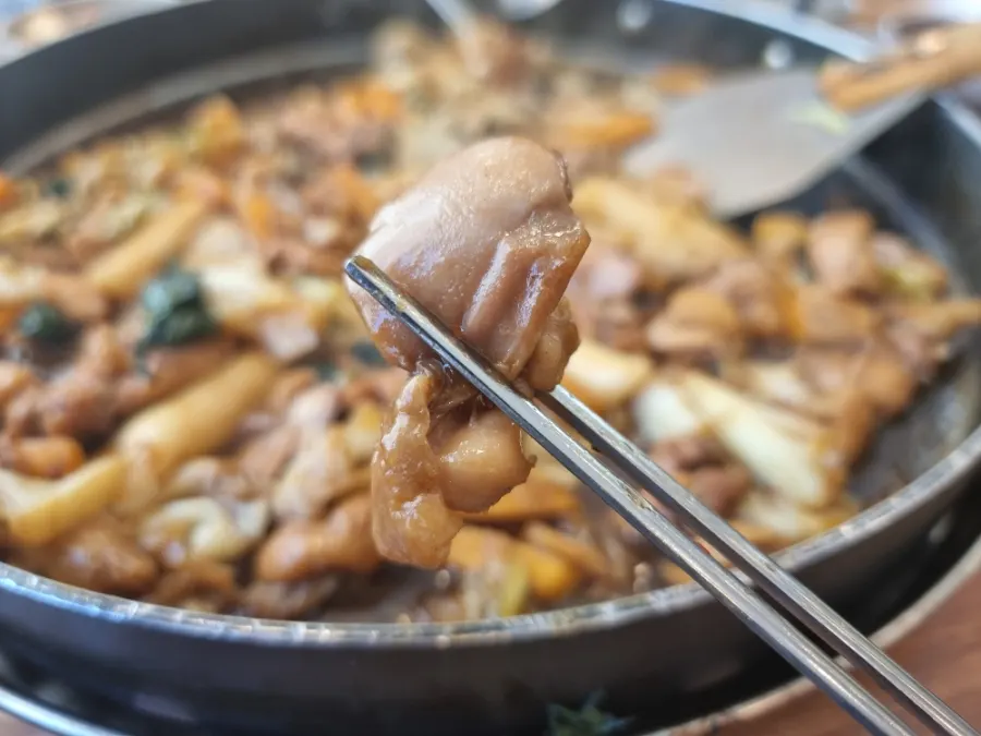 A piece of chicken soaked in soy sauce seasoning