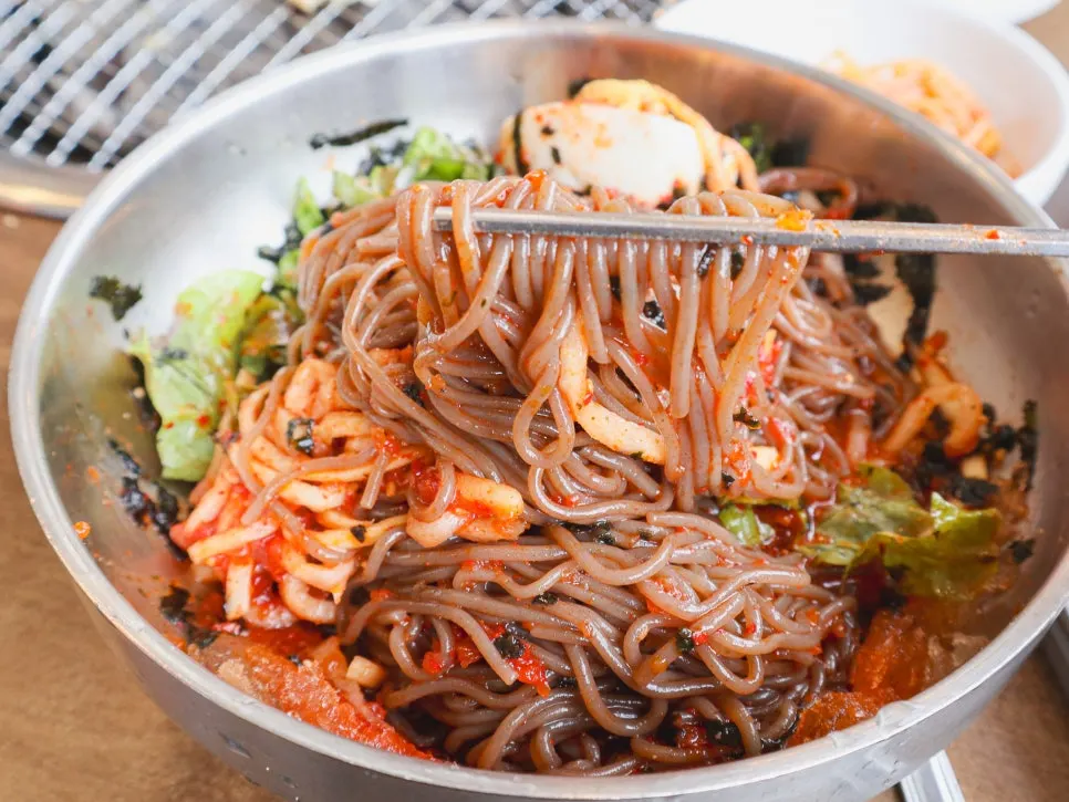 Spicy buckwheat noodles tossed and ready to eat