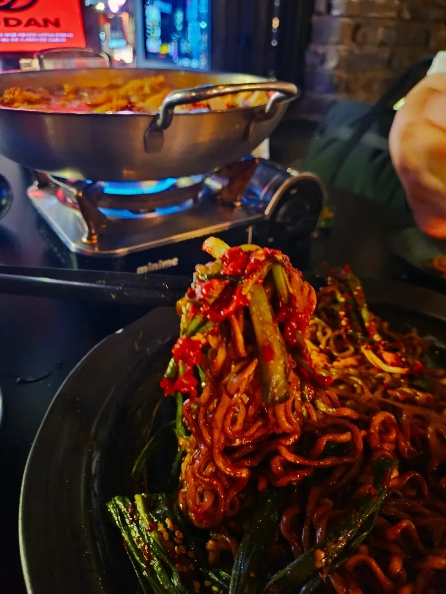 Jjapagetti with cheese and kimchi