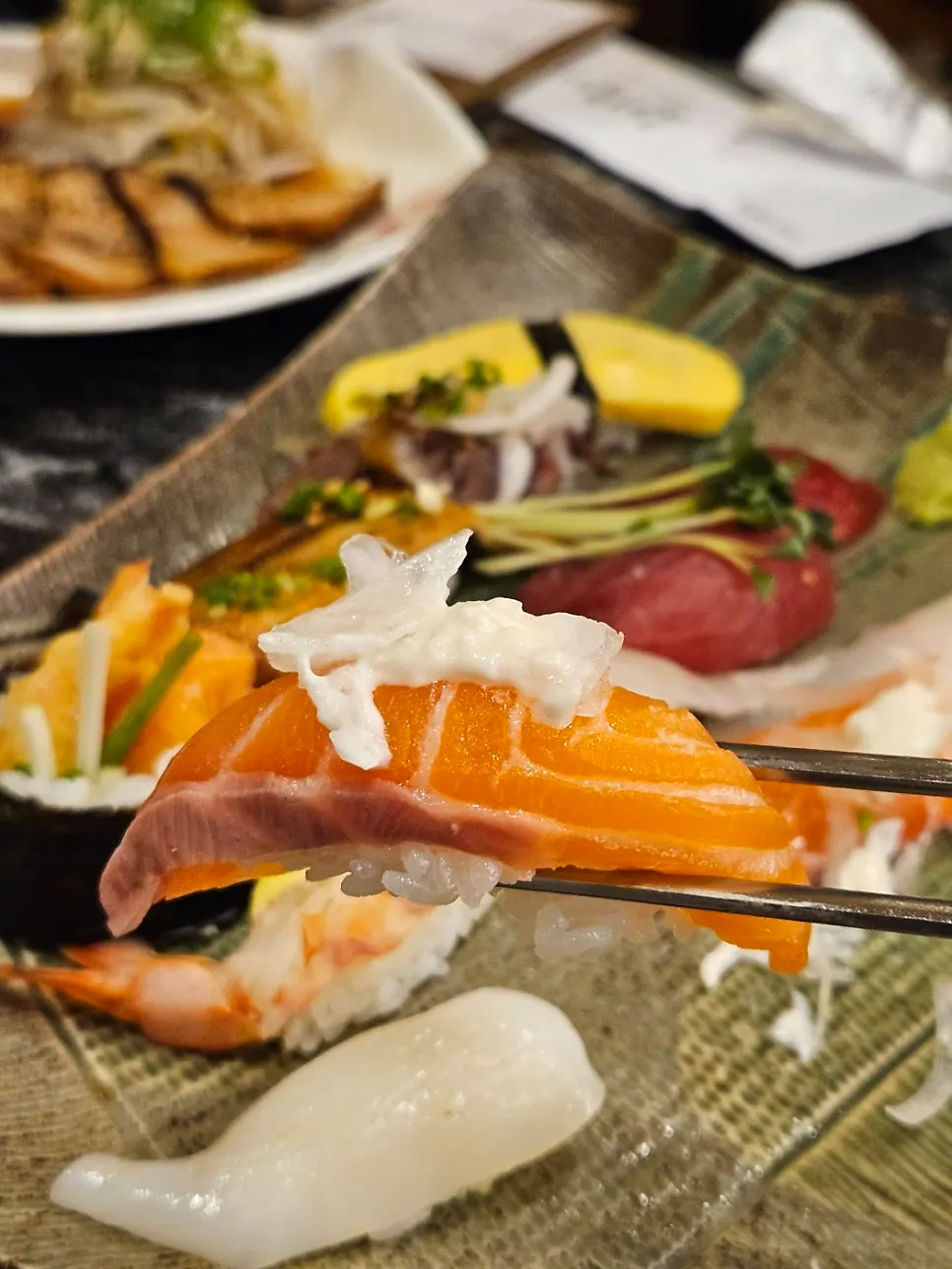 Close-up of halibut sushi