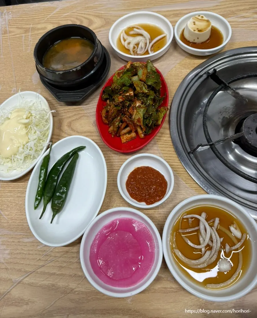 Full spread of banchan at Bupyeong Yang Gopchang