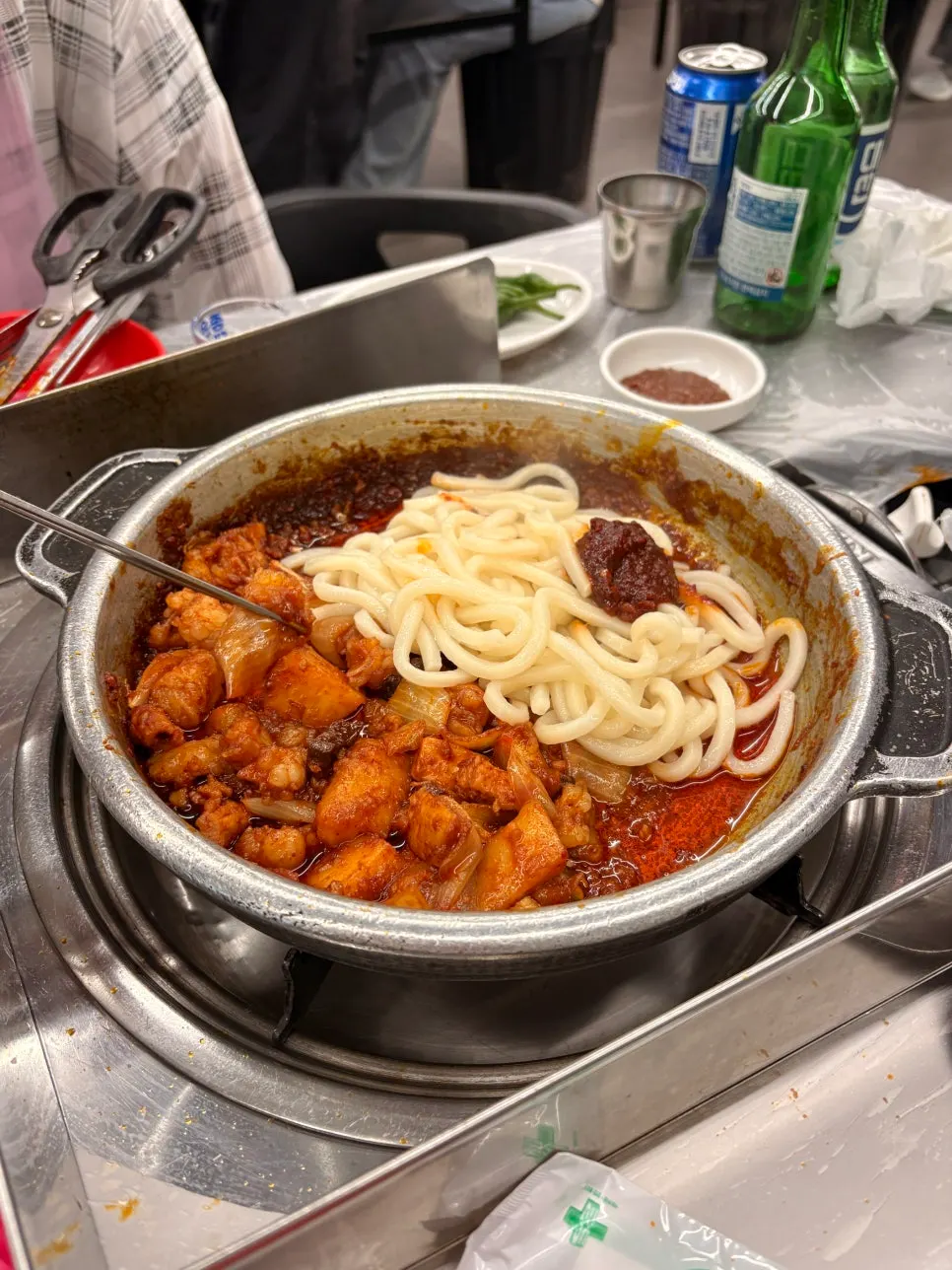 Spicy seasoned tripe with a glass of Daesun soju