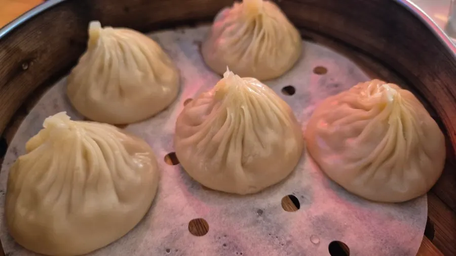 Xiaolongbao wrapper torn open with broth spilling out