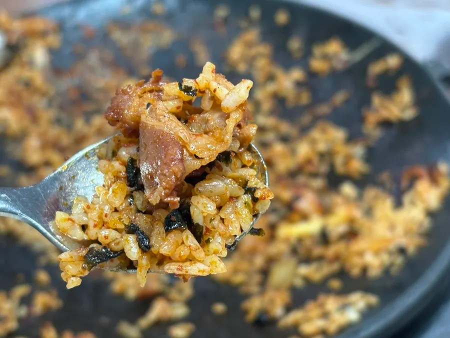 Finished octopus fried rice on the griddle