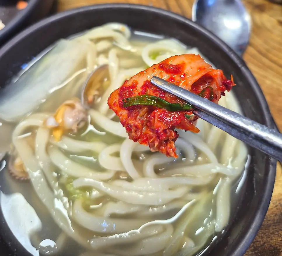 Handmade noodles lifted out of the kalguksu