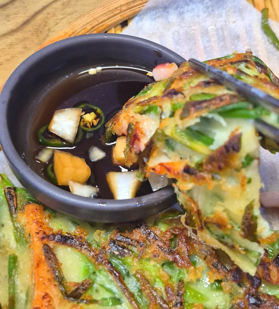 Thinly fried pajeon loaded with squid