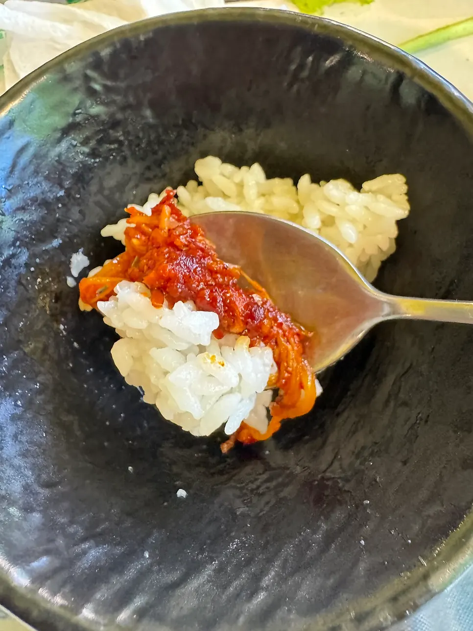 Close-up of the finished tomato-jang pork belly