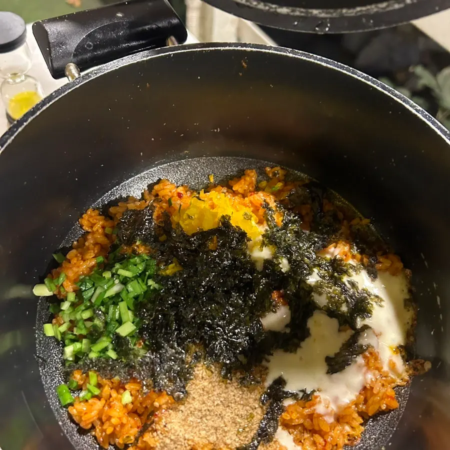 Myeongnan nurungji fried rice cooked in a cauldron