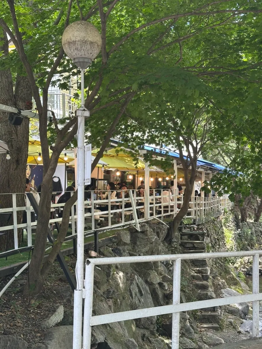 Fall creekside outdoor BBQ seating view