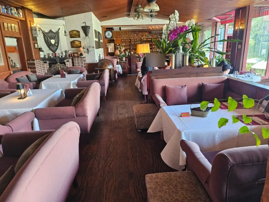 Vintage props and teacups displayed inside the café