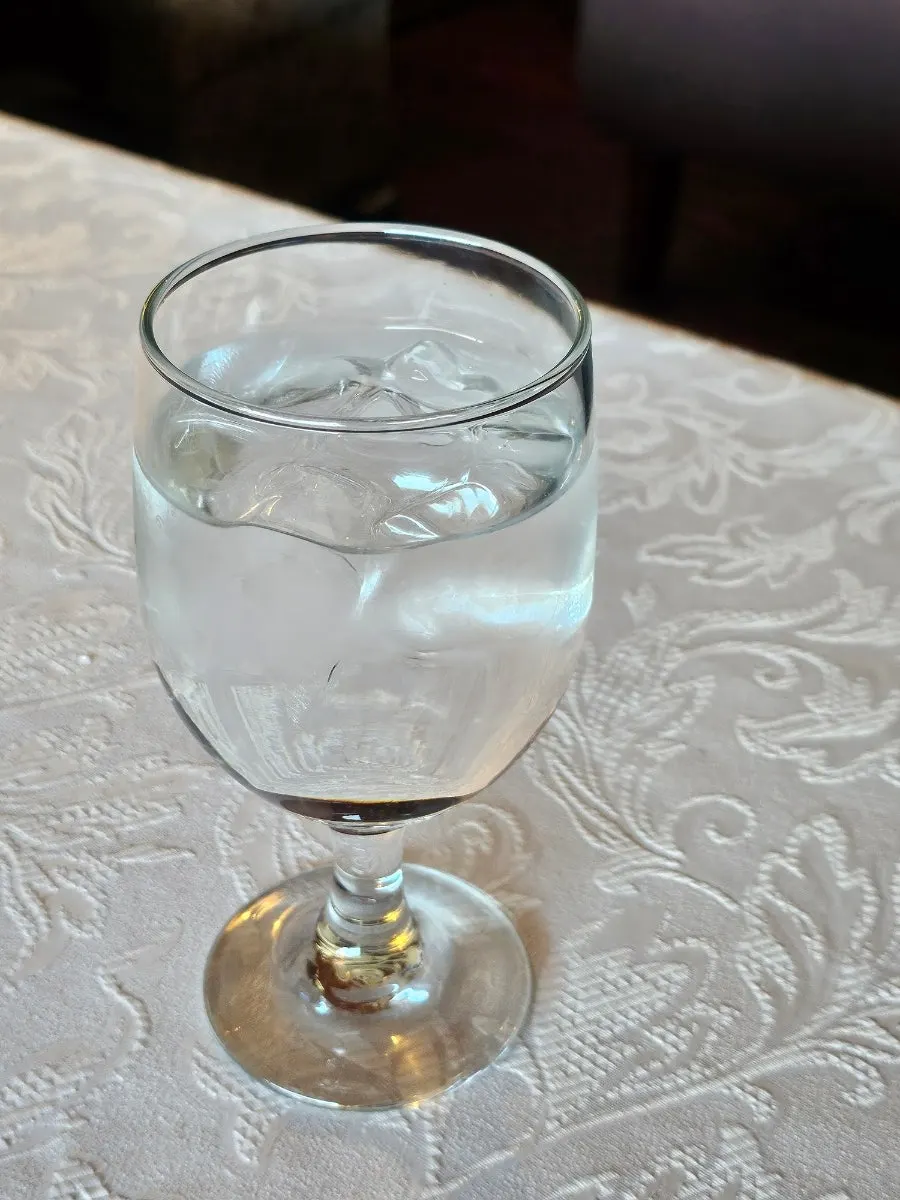 A glass of ice water served on request