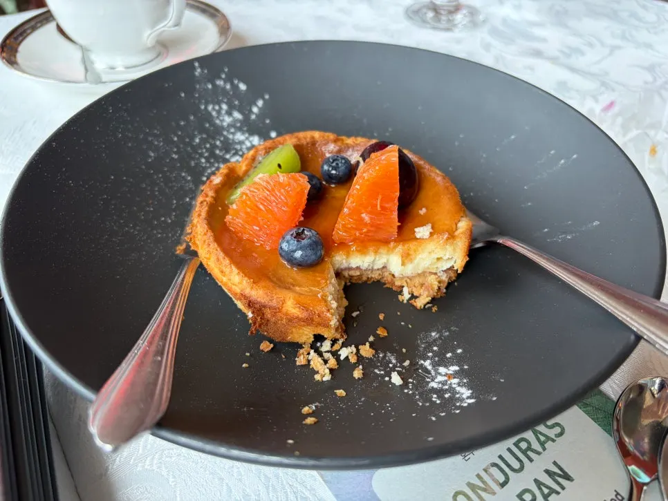 A slice of cheesecake topped with seasonal fruit