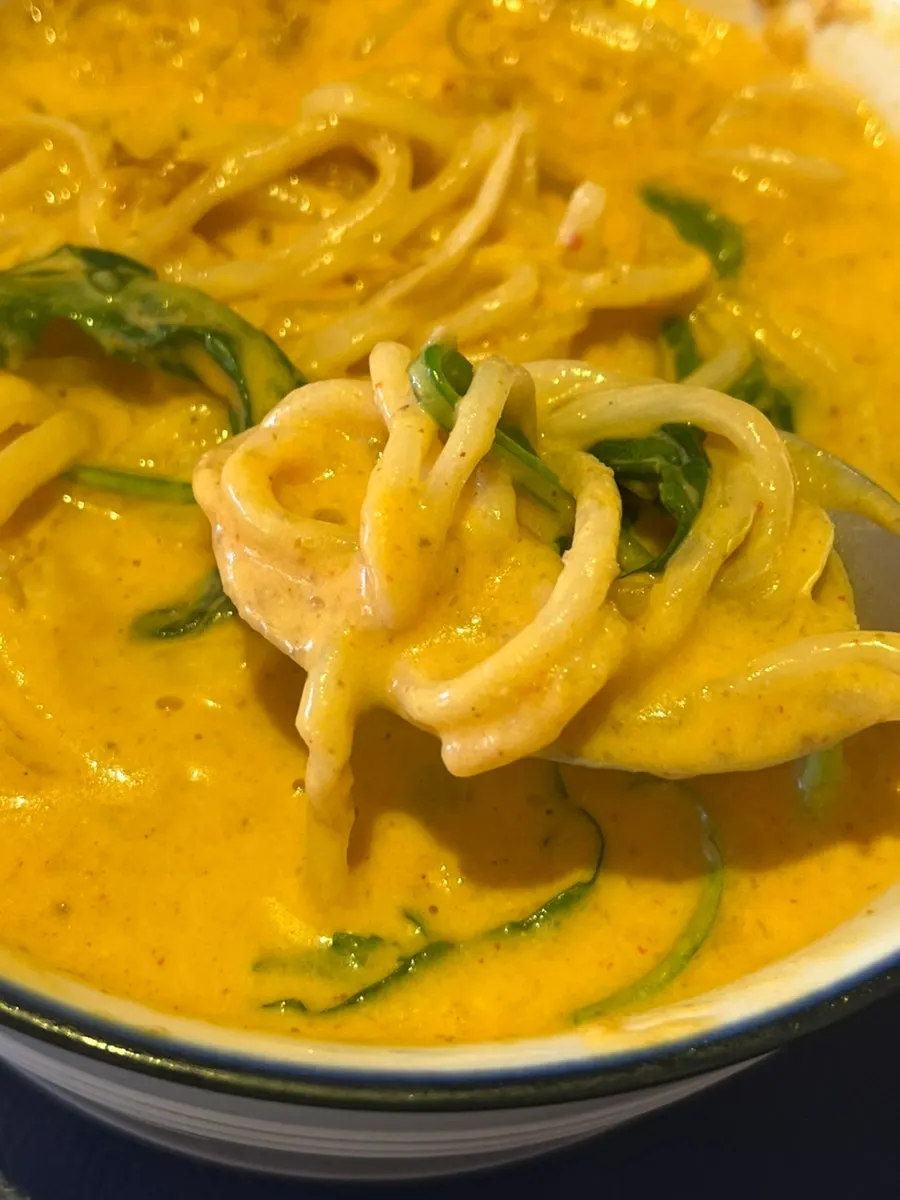 Noodles and sauce from the spicy cream curry udon