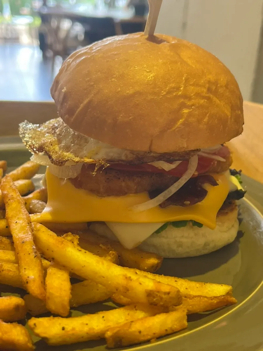 Mountain Burger stacked generously with toppings