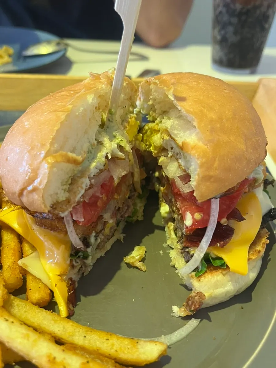 Mountain Burger cross-section with a thick patty and fillings