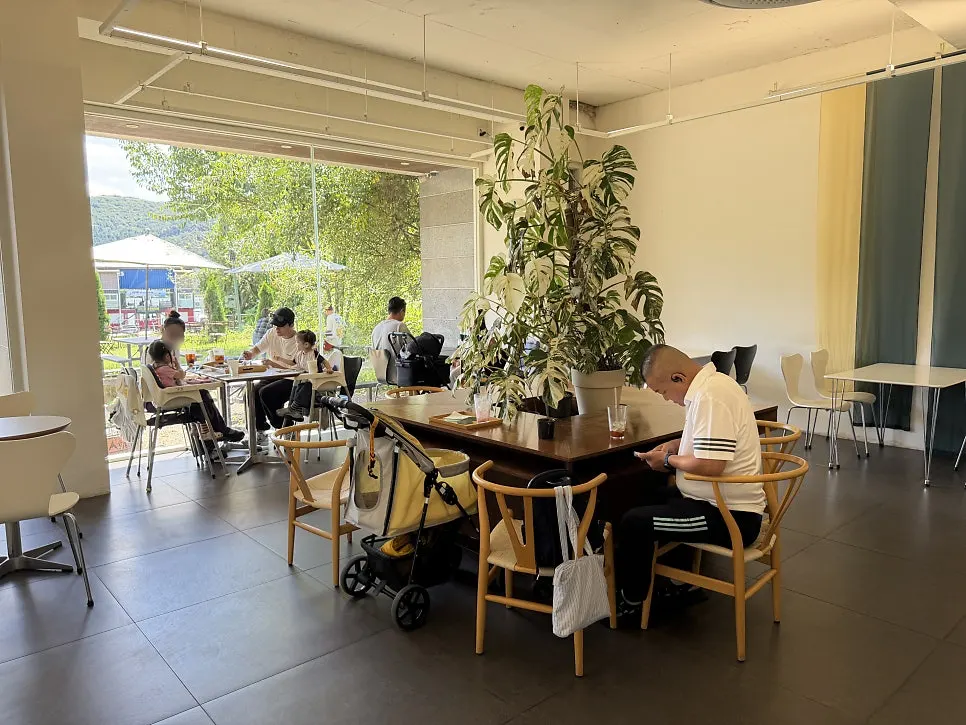 Café interior decorated with lush green plants