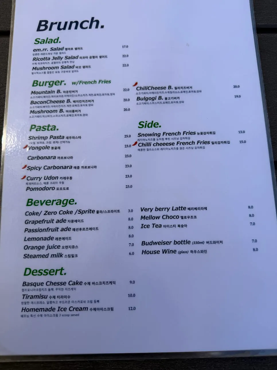 Menu board listing pastas and burgers