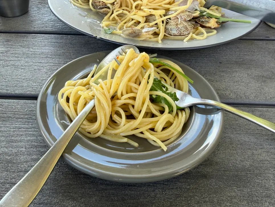 Close-up of bongolre pasta noodles being lifted
